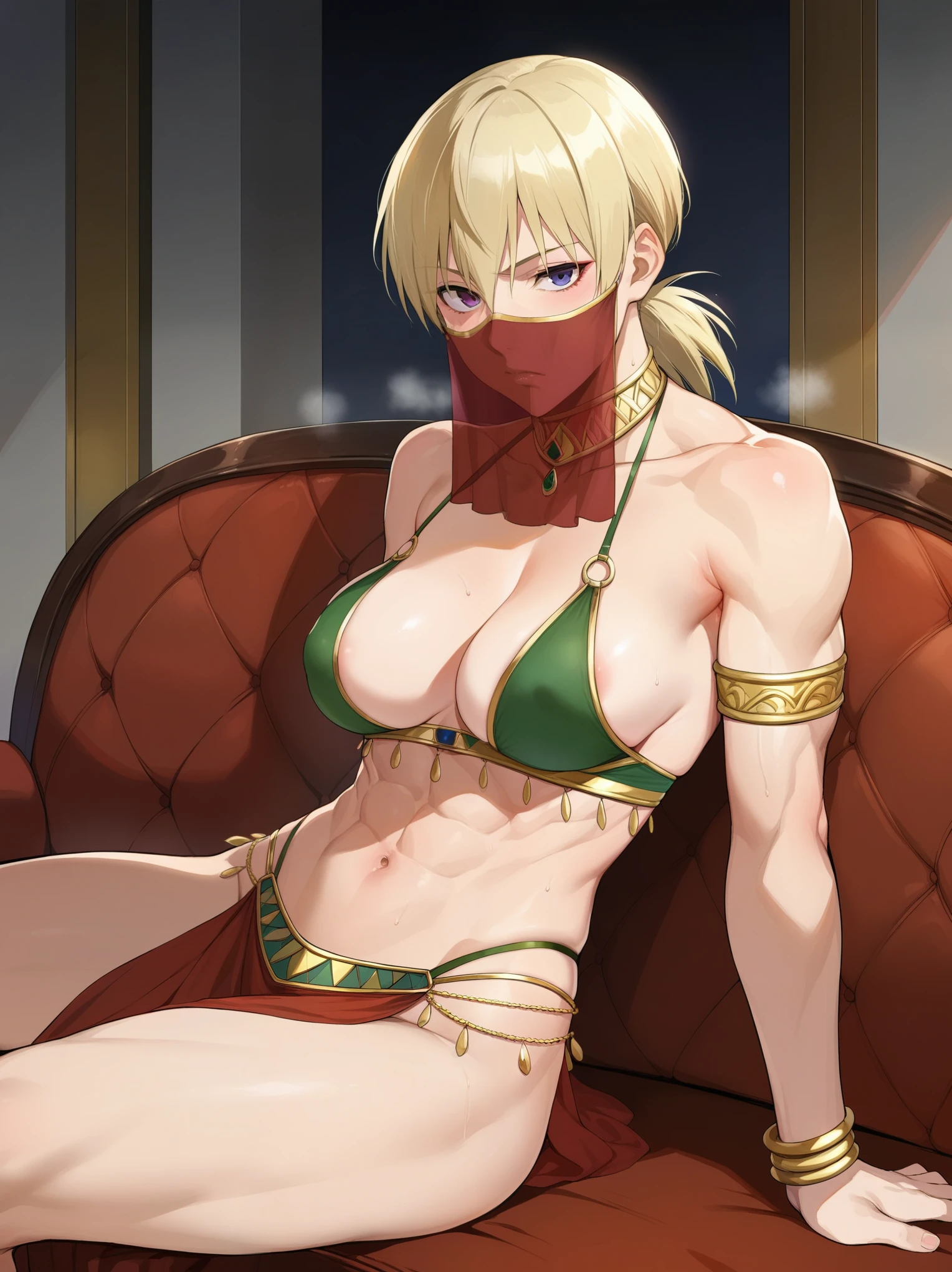 score_9, score_8_up, score_7_up, score_6_up, source_anime, BREAK by ikuchan kaoru, iku, clean color, flat color, sitting, indoors, presenting breasts, couch, muscular, extremely muscular, 1girl, bodybuilder, muscle girl,hellsing, seras, bored, apathetic, blonde hair, break, ((arabian clothes)), belly dancer, face veil, veil