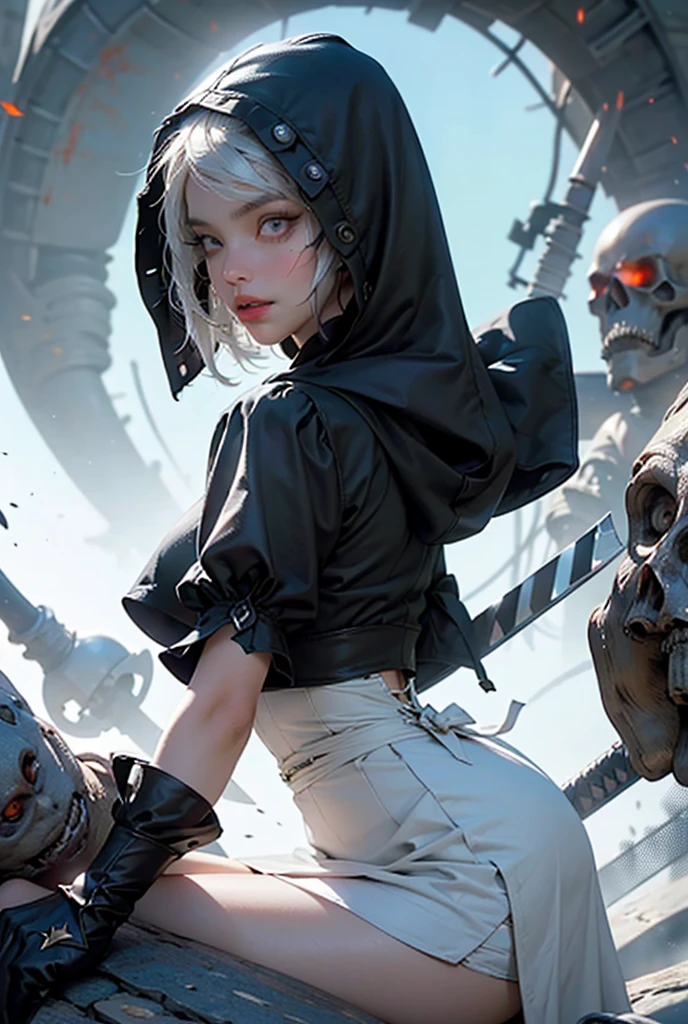 (((masterpiece, of the highest quality, super detailed))), (a witch belonging to an occult order of knights), (a knight crossed with a witch), Victorian era inspired, ((minimal but intricate beautiful armour)), Fluttering lace flared dress with frilly petticoats, ((nier automata meets bloodbourne)), ((((wielding a sword with a digital glitch-like effect to the blade as though it is rapidly flickering in and out of reality, with a very slight warping effect around it similar to gravitational lensing)))), ((((Highly detailed face))), (big forhead:1.2), ((dark hair)), (((Very sharp focused eyes))), very long eyelashes, occult aesthetic, (red and white clothing detailed and intricate steampunk and detailed gothic), (with a hood), complex lace boots,