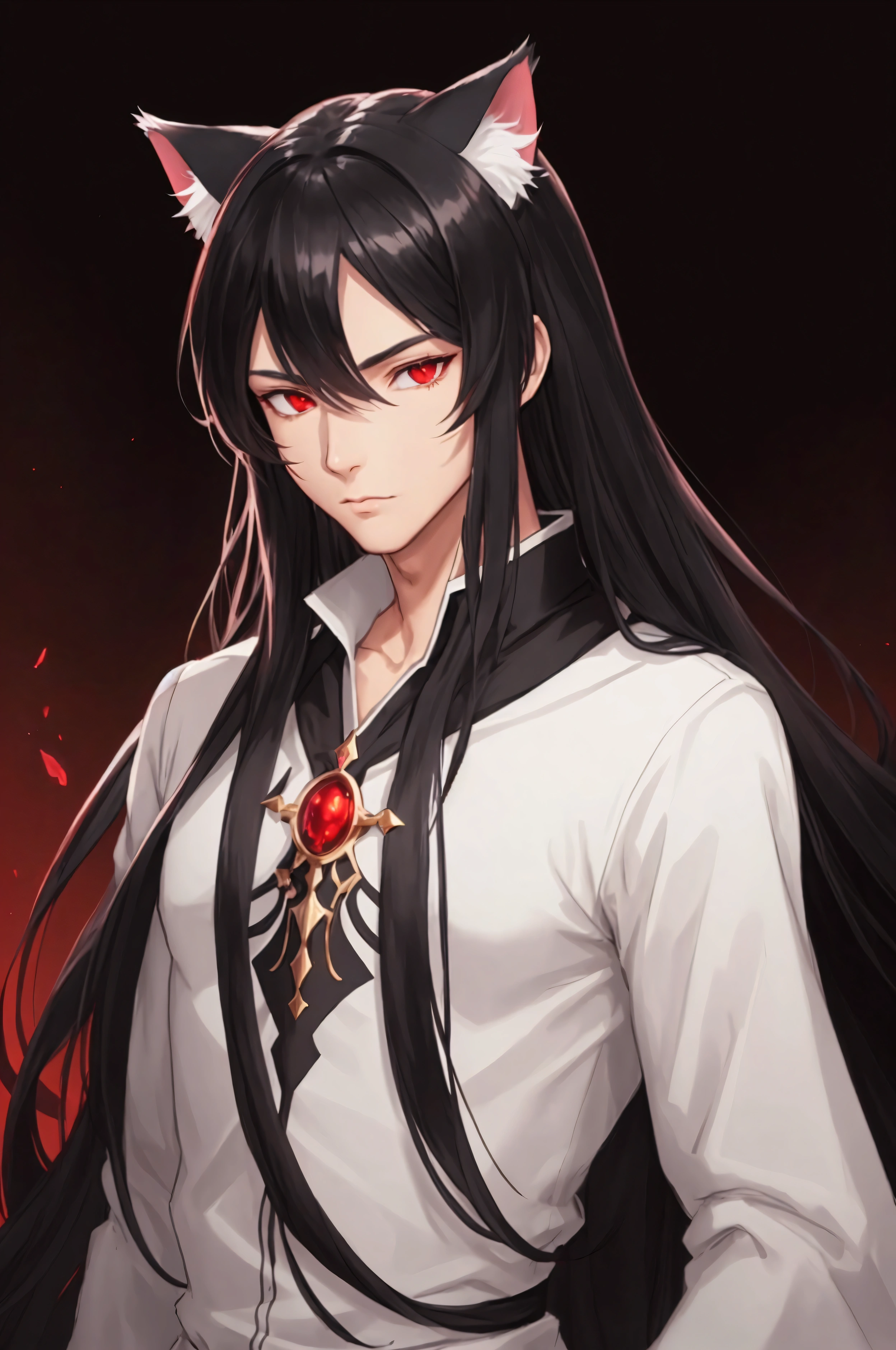 Man, male focus, solo, fluffy cat ears, cat tail, black hair, very long hair, red eyes, slit eyes, fair skin, fantasy clothing, anime, top quality, ultra definition, Illustration, high resolution, fantasy background