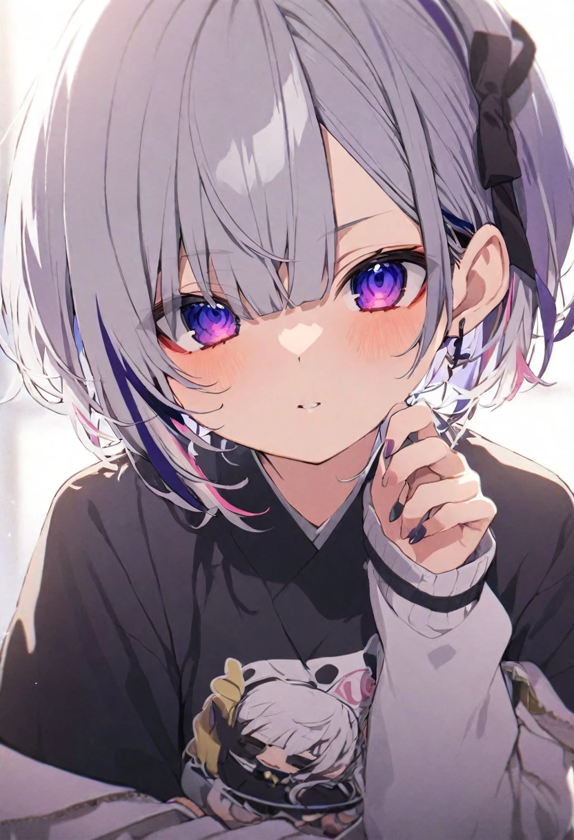 (muste piece), (best quality),
1 girl, vtuber style, cool girl, hololive, vtuber,amane kanata, multicolored hair, grey hair, short hair, purple eyes,