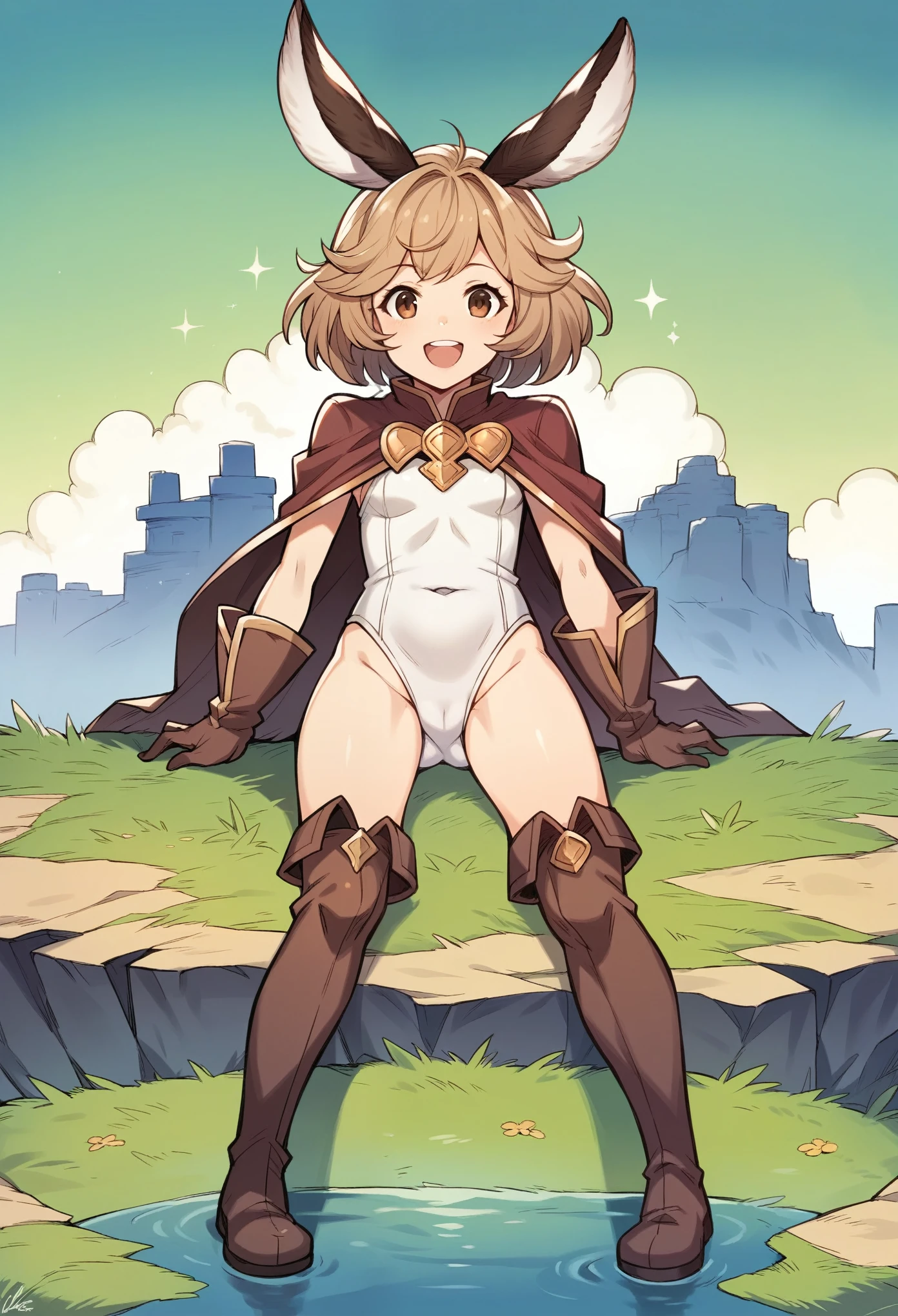 GRANBLUEfantasy,1young_teen_ girl,brown_hair,medium_bob_hair,platina_blond_hair,white_leotard,covered_crotch,thigh-highs,smile,standing,bluesky_landscape_background,slightly_spread_legs,happiness, short_gloves ,solo, r18, navel,relicbuster,short,boots,open_mouth,sitting,knees,bunny_ears