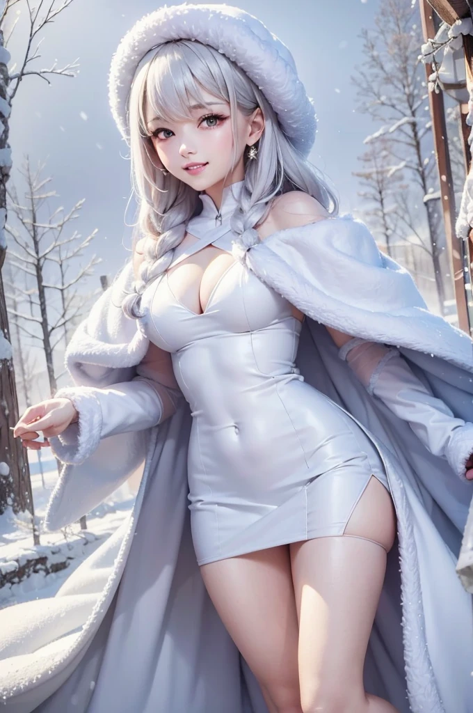 masterpiece、Highest quality、1 girl, winter, white hair, Cute girl, smile, close mouse, medium breasts, off shoulder, cleavage,  white dress, winter clothes, Fur coat、Small waist、Thin legs、outdoors, snow falling, in the forest and 湖