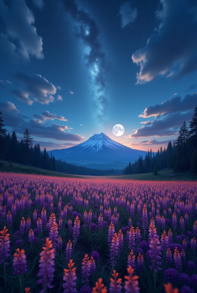 Vast landscape photography,(View from below,There's a sky above,Below is an open field),A stood in the flower field and looked up.,(full moon:1.2),(meteor:0.9),(Star Cloud:1.3),Fir Mountain, Tree BREAK Making Art,(Warm light source:1.2),(Glow worms:1.2),The lamp lights up,Lots of purple and orange,Intricate details,(highest quality),4K,Super detailed,(Dynamic configuration:1.4),Rich in details,Variety of colors,(Iridescent colors:1.2),(The light shines,Atmospheric lighting),dream Magic,Magic,(solo:1.