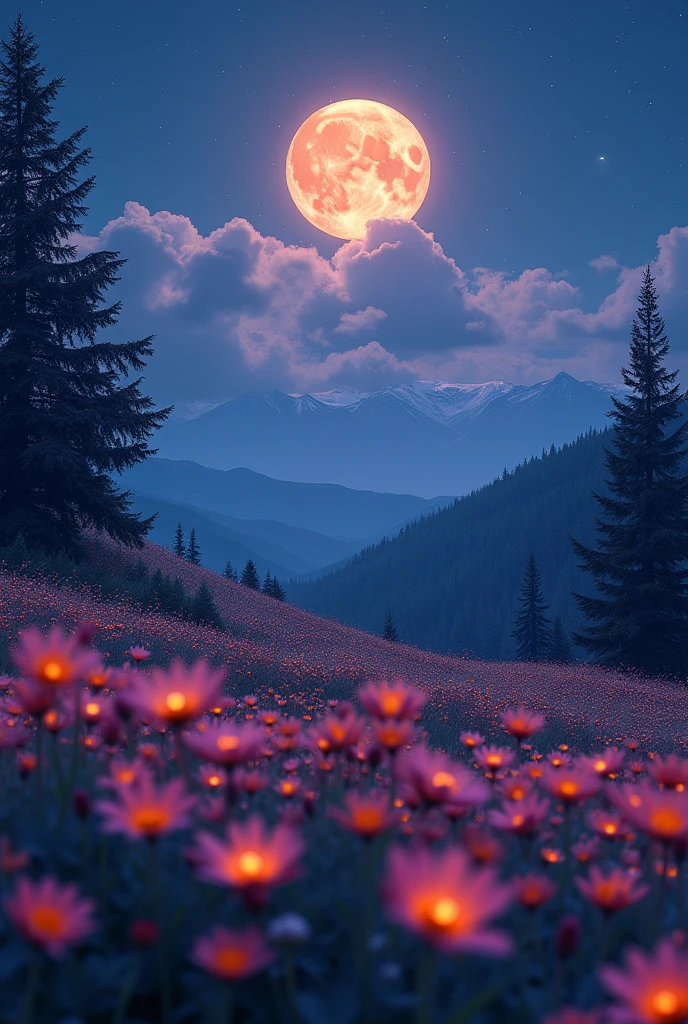 Vast landscape photography,(View from below,There's a sky above,Below is an open field),A stood in the flower field and looked up.,(full moon:1.2),(meteor:0.9),(Star Cloud:1.3),Fir Mountain, Tree BREAK Making Art,(Warm light source:1.2),(Glow worms:1.2),The lamp lights up,Lots of purple and orange,Intricate details,(highest quality),4K,Super detailed,(Dynamic configuration:1.4),Rich in details,Variety of colors,(Iridescent colors:1.2),(The light shines,Atmospheric lighting),dream Magic,Magic,(solo:1.