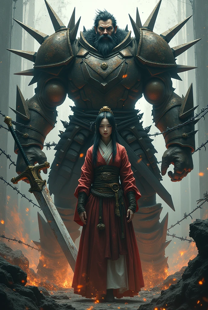 Tall berserker guts aromur with smokeing embers and a shattred greatsword, shacked in barbwires, protecting a japanese beautiful Miko priestess, fate grandorder art style. 