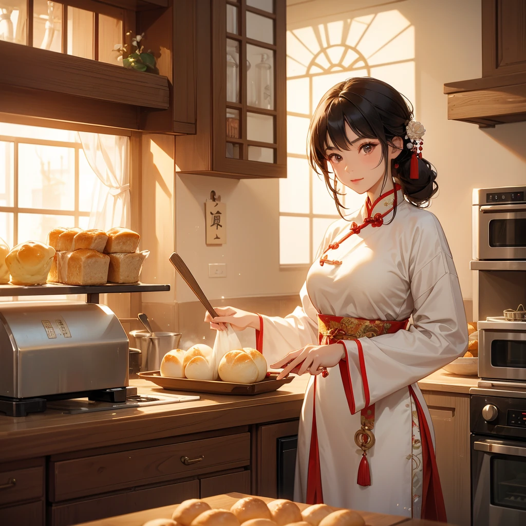 Beautiful girl in ancient Chinese costume Standing in the kitchen Baking bread in front of a large oven in the middle of the day. The sun shines on my face, my eyes sparkle. There is a place for steaming steamed buns nearby.