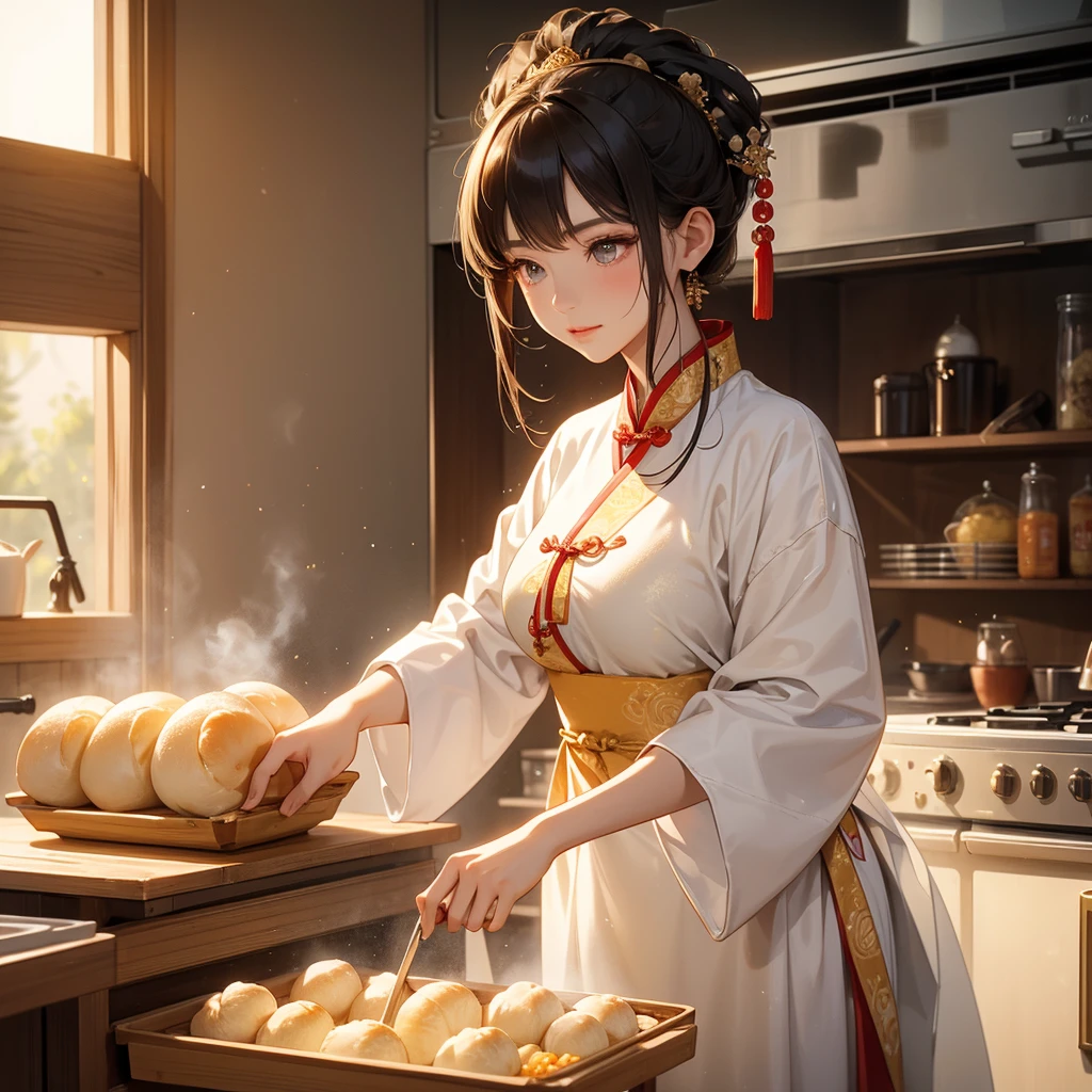 Beautiful girl in ancient Chinese costume Standing in the kitchen Baking bread in front of a large oven in the middle of the day. The sun shines on my face, my eyes sparkle. There is a place for steaming steamed buns nearby.