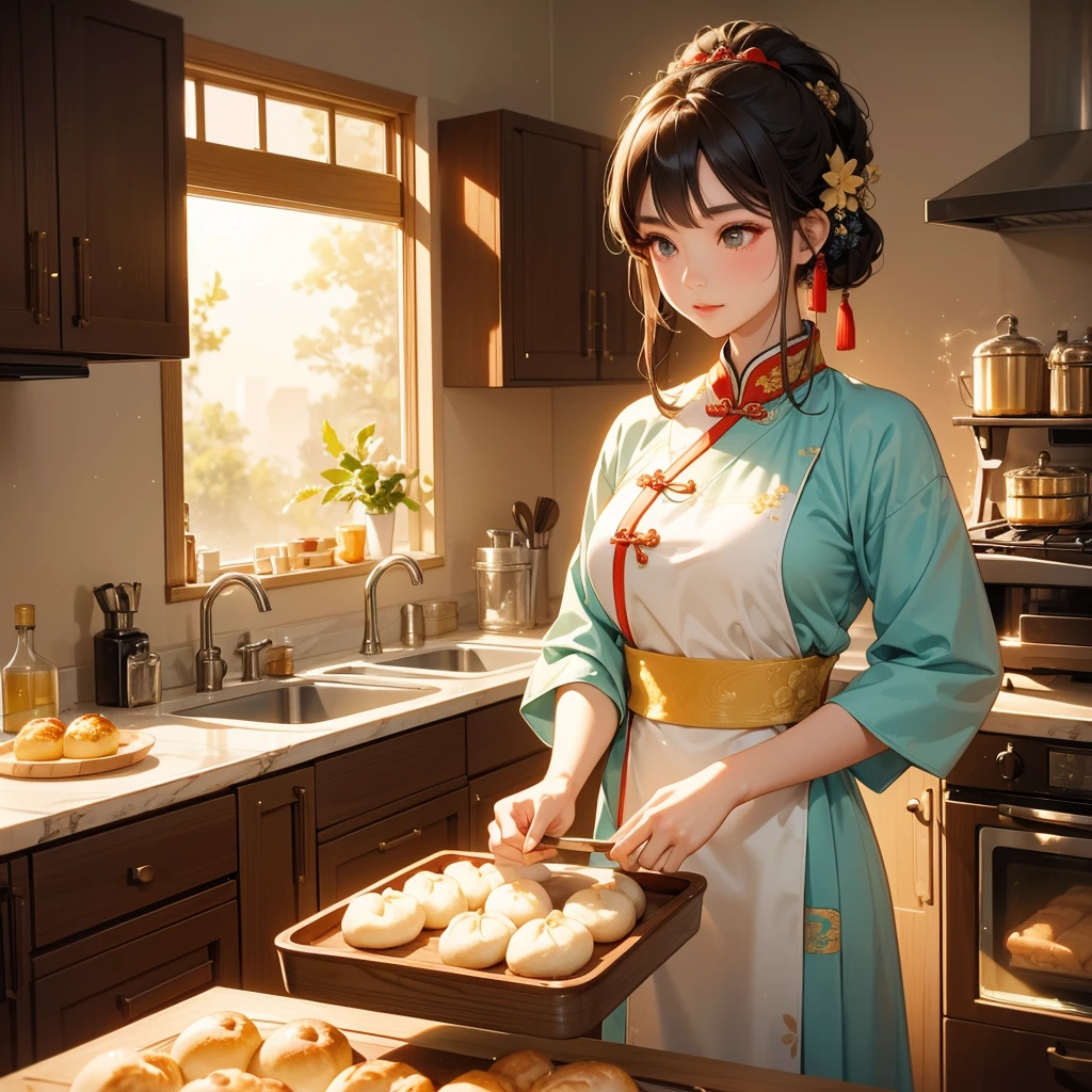 Beautiful girl in ancient Chinese costume Standing in the kitchen Baking bread in front of a large oven in the middle of the day. The sun shines on my face, my eyes sparkle. There is a place for steaming steamed buns nearby.