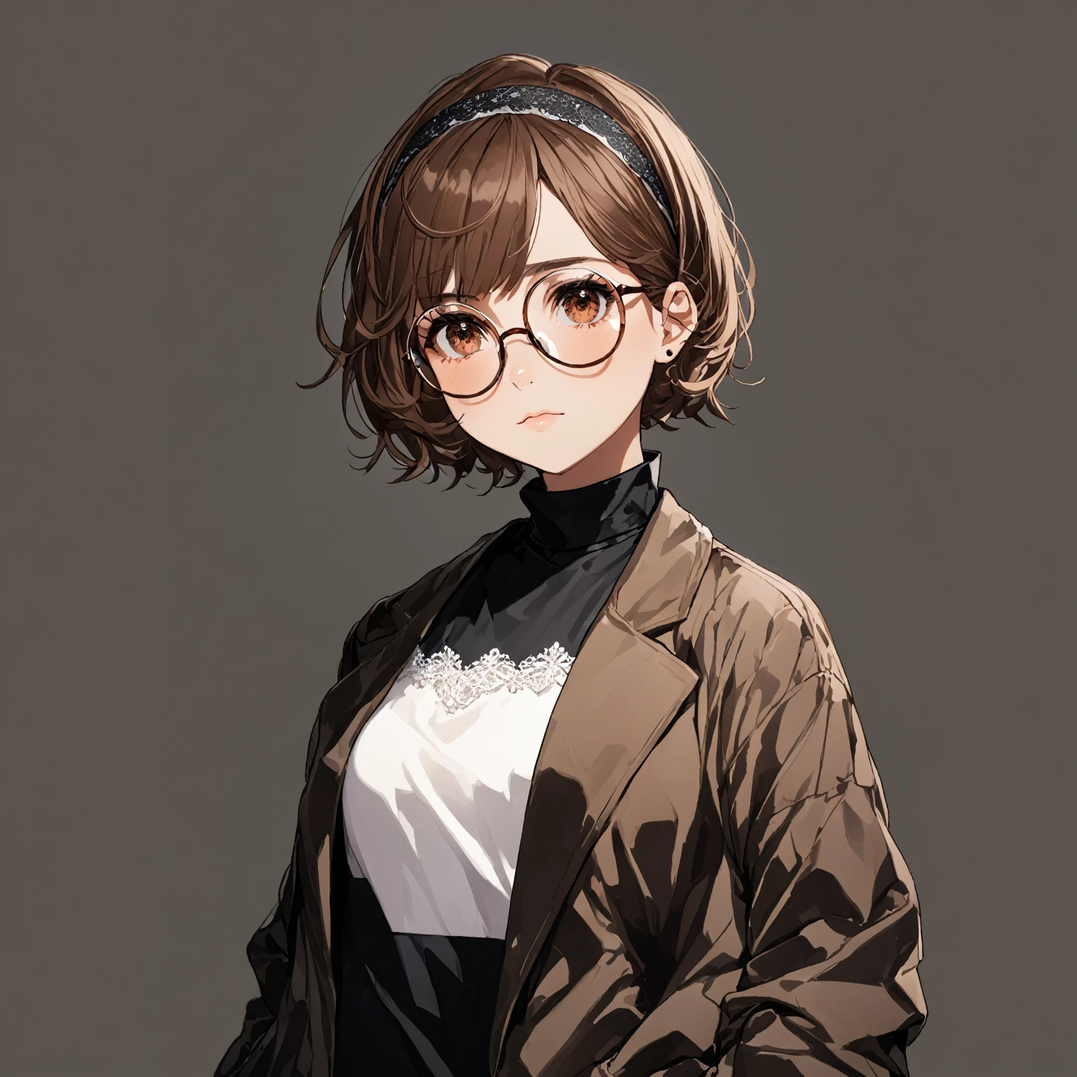 masterpiece, best quality, good quality, Highly detailed, shadowverse style, female, brown hair, brown eyes, short hair, tidy hair, modern aesthetic, glasses, teenager, headband, closed mouth