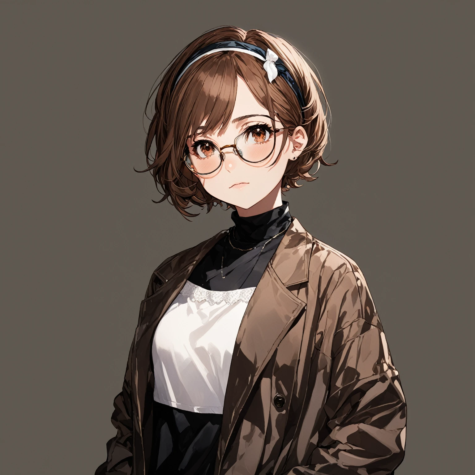 masterpiece, best quality, good quality, Highly detailed, shadowverse style, female, brown hair, brown eyes, short hair, tidy hair, modern aesthetic, glasses, teenager, headband, closed mouth