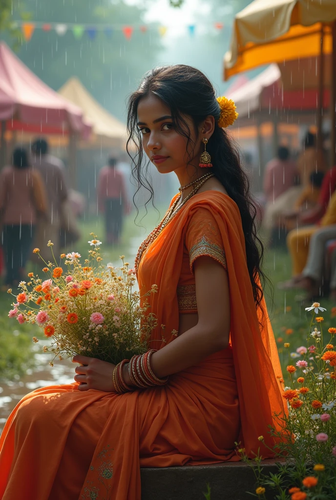 A Bengali girl sitting on a fair with garland of wildflowers in her hand,rainy season , big boobs