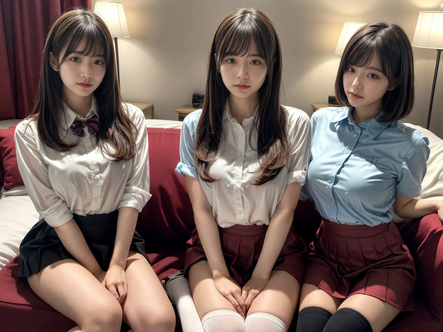 masterpiece, best quality, illustration, Super detailed, fine details, High resolution, 8K,wall paper, perfect dynamic composition,(Details High quality, realistic depiction of eyes:1.3), (3 girls), (collared shirt:1.1), pleated skirt, knee high socks, sitting, open legs, short bob hair, in a hotel room in the background, deep on field, large breasts, black hair color, Big Natural Color Lip, (perfect body shape), crying a little、Harajuku style、20 year old girl、cute type、beautiful legs, Gravure Idol