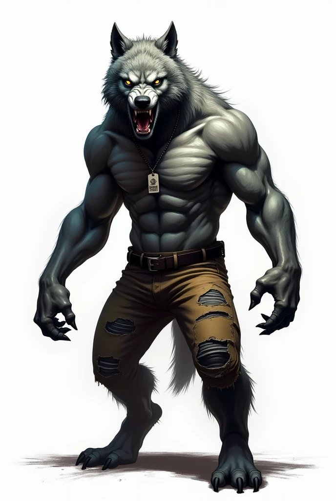 drawning, sharp colors, A werewolf, ripped airline pilot pants , gray hairs, yellow  eyes, long scar on chest, dog tag necklace, ferocious, white background, fully body 
