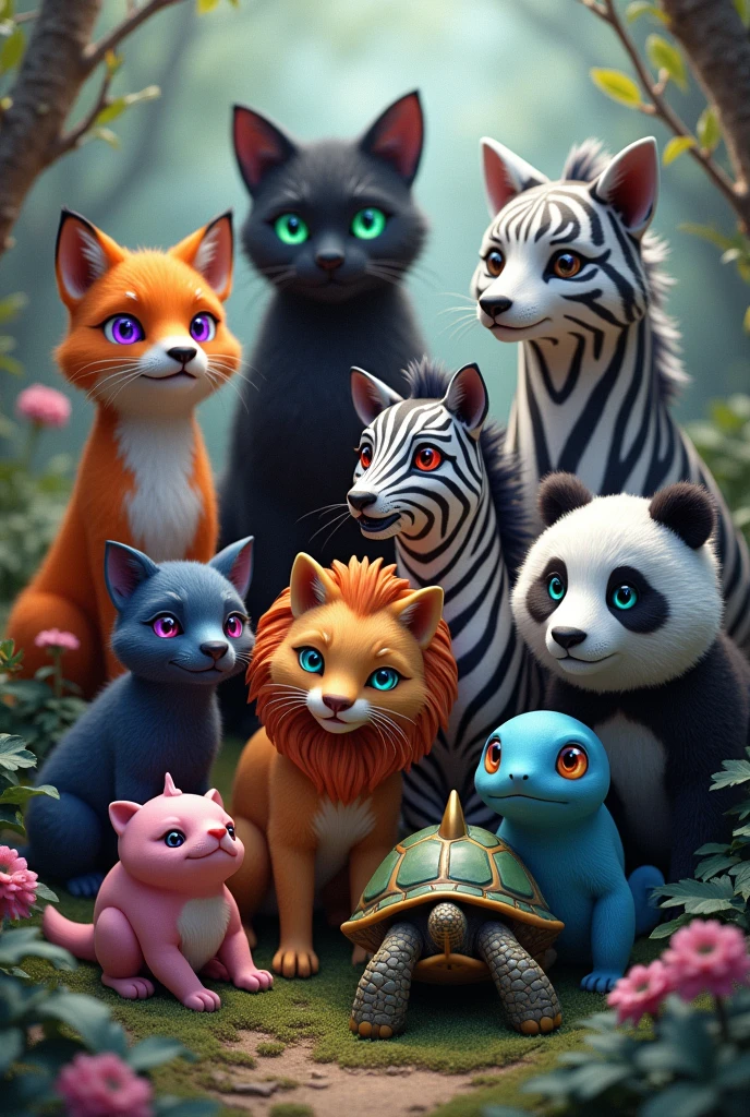 create eight animals together: a violet-eyed fox, a lion with violet eyes, a black cat, a green-eyed zebra, a crimson eyed wolf, a panda with violet eyes, a pink-eyed shark and a blue-eyed turtle