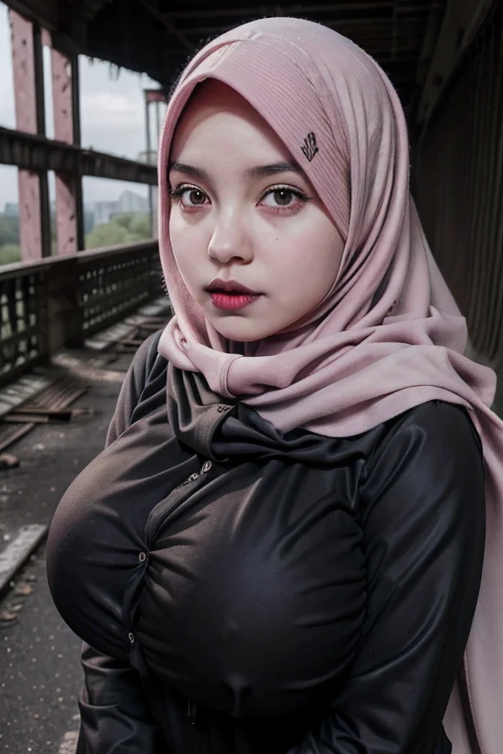 ((GOTH GIRL BLACK LIPS)), (((HIJAB))), A girl with a very fat bbw body naked in the middle of a dilapidated bridge, ((NECK LACE)), ((PINK)), ((BIGGER:2.1))