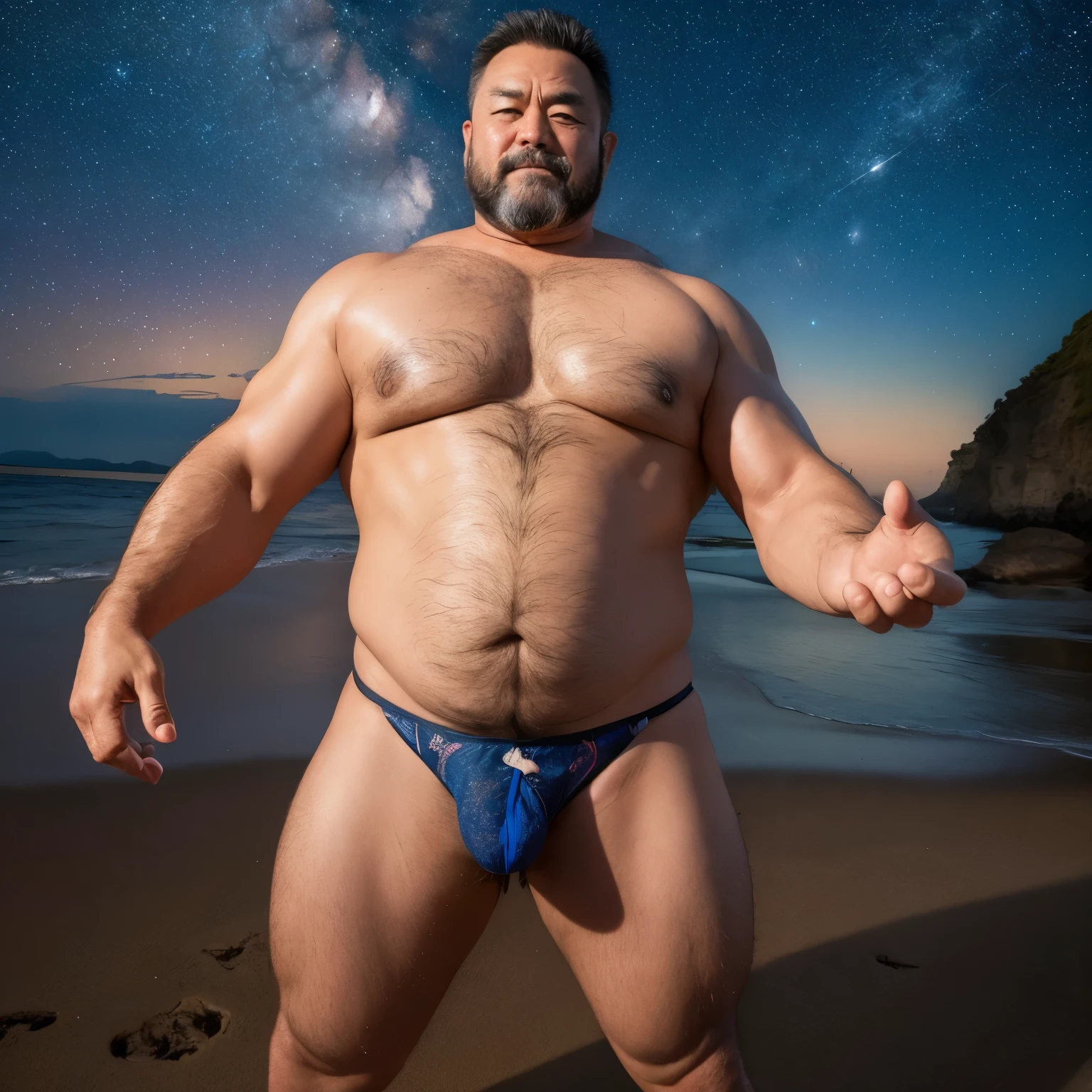 Intricate details, High resolution, Vibrant colors, A 50-year-old Japanese handsome man naked, muscular and beautiful, very hairy, fat, hairy chest, Anatomically correct hands、short hair, black short thong, full body, very hairy, stratosphere, midnight seaside, Emphasis on the crotch,milky way