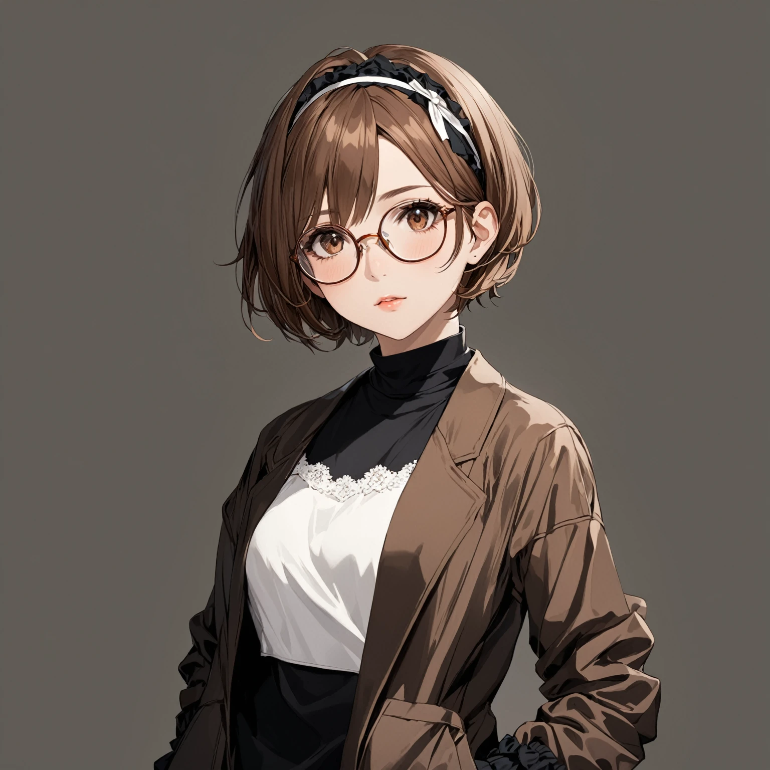 masterpiece, best quality, good quality, Highly detailed, shadowverse style, female, brown hair, brown eyes, short hair, tidy hair, modern aesthetic, glasses, ager, headband