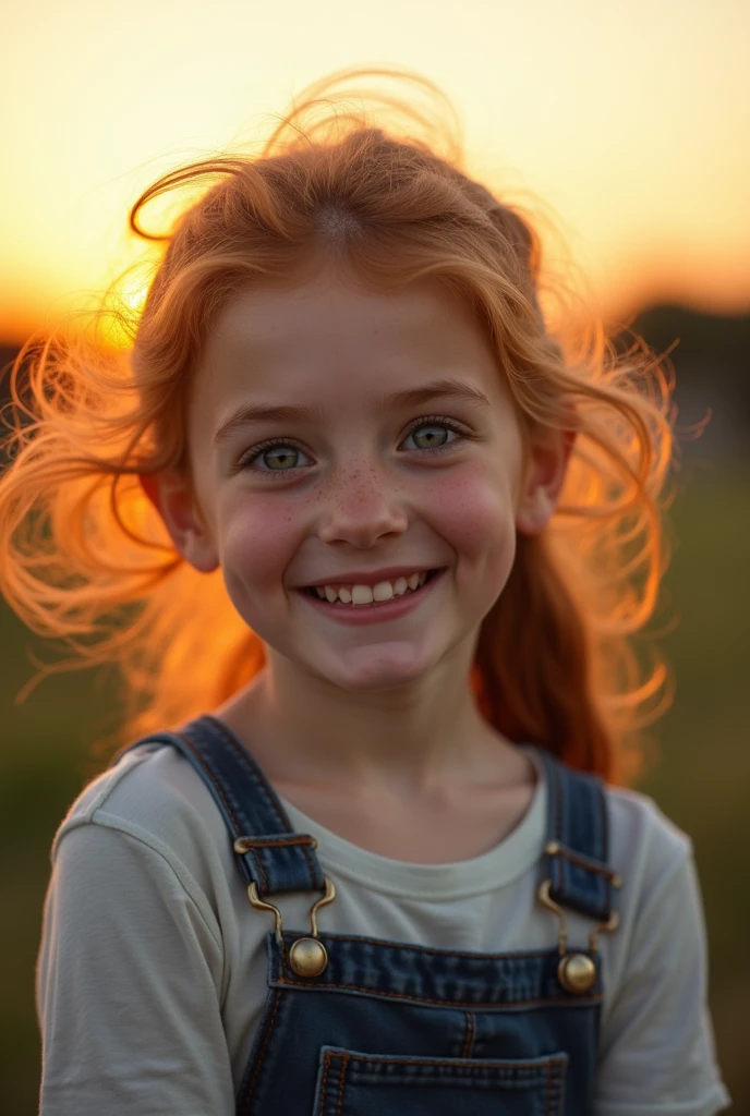 (full body shot:1.2), Masterpiece, 1girl, solo, Realistic photo of a 12-year-old Irish girl, disheveled shaggy shoulder-length ginger hair, Large shiny green-blue eyes, light freckles, long eyelashes, thick eyebrowischievous, Carefree, cheerful, beautiful look, radiating genuine delight, perfect teeth; smile; outdoor, sunset, beautiful landscape, A direct look at the camera, slim, pale skin, sneakers; Without cosmetics; Energetic, restless, happy posture, Professional studio photography with a film SLR camera("Zorkiy-4"), (passport photo), hight resolution, Natural Realistic Detailed Skin Texture, natural lightin, 8K, Texture of the photo card, Maximum photorealism