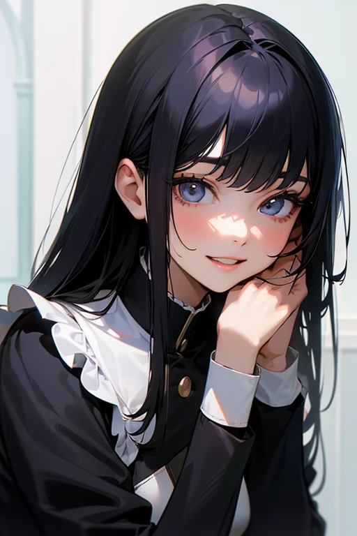 (Highest Resolution, clear_image) highest quality, Single person, One Woman, alone, masterpiece, Very detailed, Semi-realistic, Black Hairのショートヘア, Black Hair, bangs, 18-year-old, mature, light blue uniform, uniform, Indoor Background, kind, Authoritative, powerful, exquisite features, exquisite features、Eyelashes become longer、Showing teeth、smile😀、Maid clothes、Touching hair、Shoulder Bare、