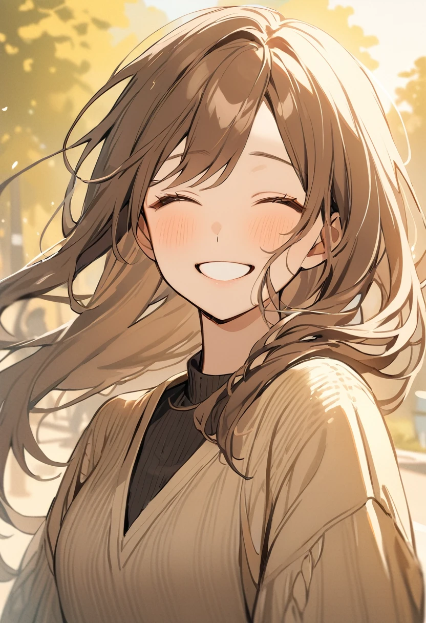 Highest quality, 1girl, solo, brown hair, long hair, closed eyes, beige sweater, standing, happy, small smile, portrait
