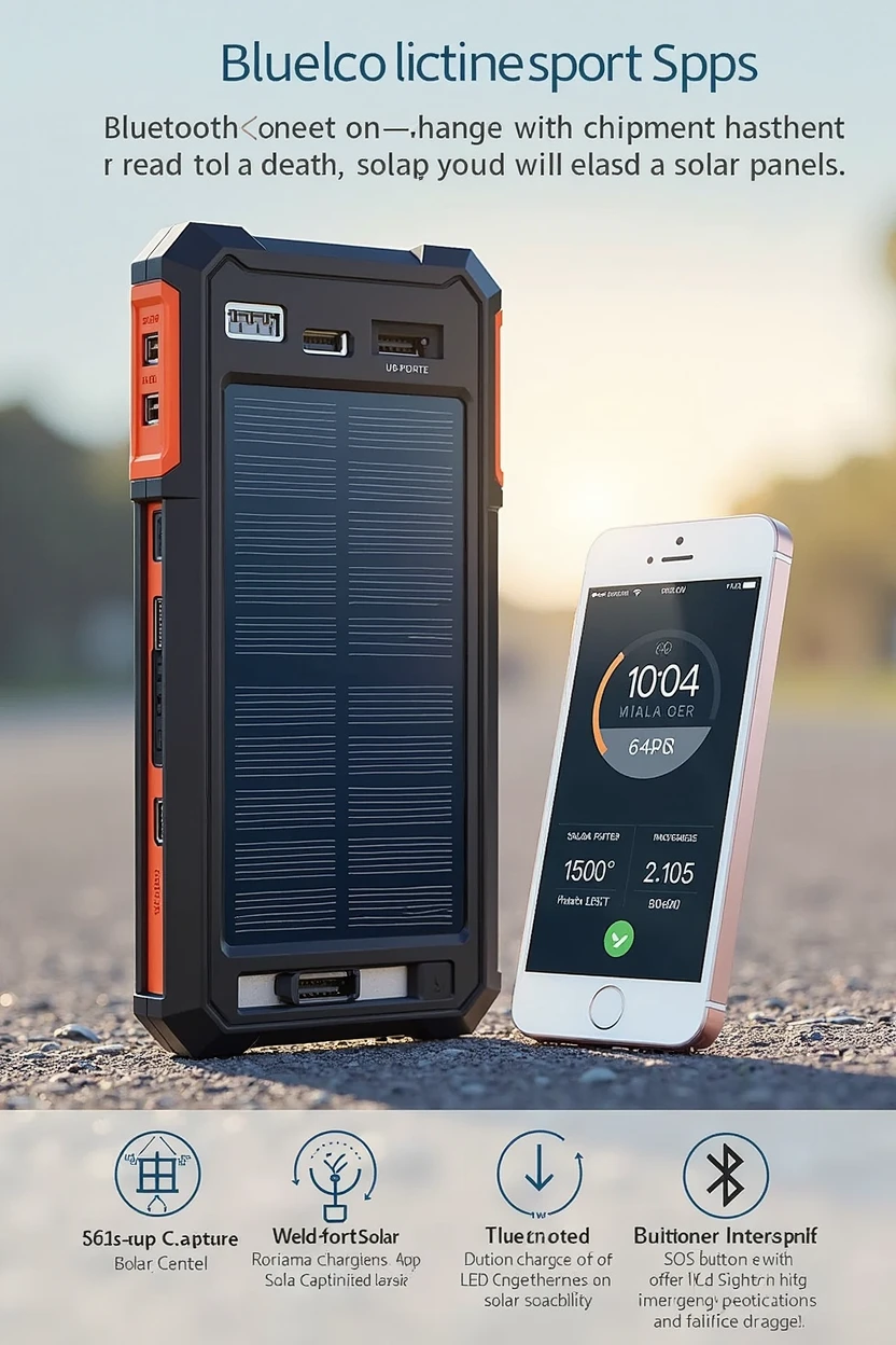 Introduce me to a Portable Charger, equipped with solar panels, Includes multiple USB ports and wireless charging options (Qi) for compatibility with multiple devices, LED display showing the internal battery charge level and solar capture efficiency.
Visual indicators showing charging status and potential issues with the solar connection, Includes a built-in LED flashlight that can be used in emergency situations or during nighttime activities.
SOS button to send distress signals in critical situations, It has Bluetooth connectivity to monitor and manage the charger via mobile app.
The application provides data on the performance of the charger, usage history and optimization tips.
