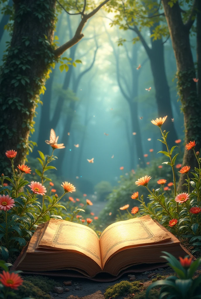 A magical book with old, torn pages in a magical forest full of colorful flowers, fairies and light
