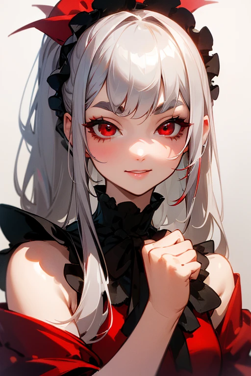 (Highest quality, masterpiece:1.2), High resolution, 最高masterpiece、Very detailed, Realistic:1.37, Fantasy, An illustration,Gray Hair、 Red eyes、Queen, Red dress、beautifully、Eyeshadow Red、Thick eyebrows、Long eyelashes、pupils are black、shiny on the lips、Top Sites、Queen、Princess、A kind smile、Soft impression、people々々々Loved by、Slimming the face、Shoulder Bare、ponytail、Kissing Face、Long white hair、Shaggy Bangs、(Save face image).(Gothic Lolita)、(A kind smile)、(Background white)、