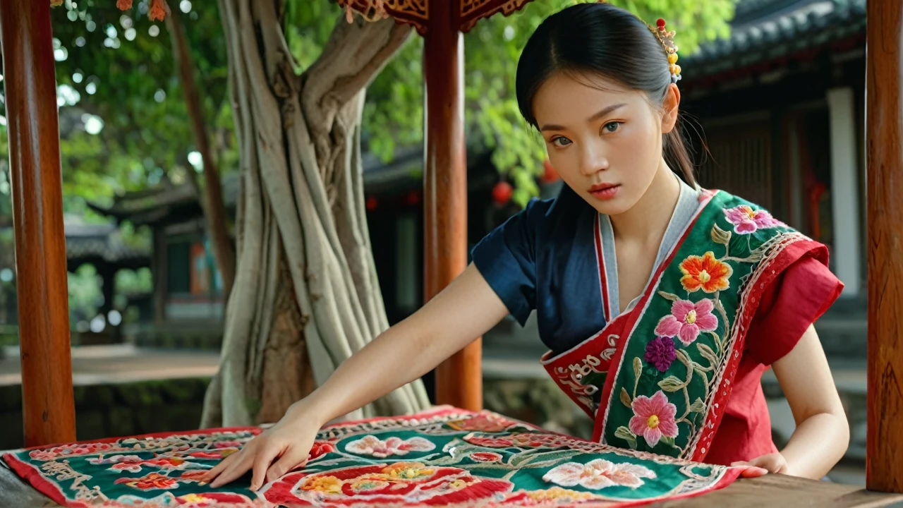 masterpiece, high quality animation, hyper-realistic aesthetic photo, (HDR:1.2), pore and detailed, intricately detailed, graceful and beautiful textures, RAW photo, 16K, sharp focus, cinematic lighting, (vivid colors), (crisp details), taipei women, embroidering, Eyes looking at the embroidered cloth, Embroidered wooden work platform, Under the banyan tree