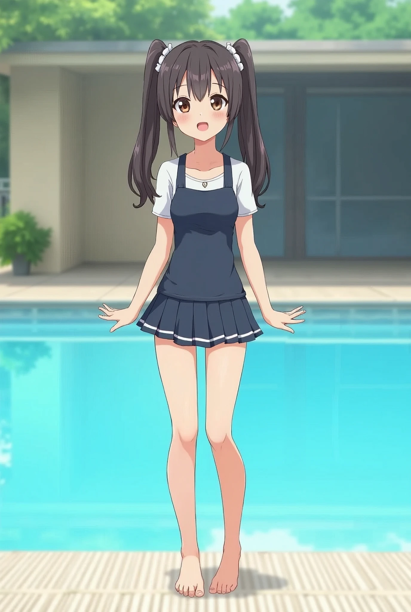 Standing by the pool at an empty school、Twin tails、Swimwear、mini skirt、Cute Face、barefoot、Smiling、Full body portrait