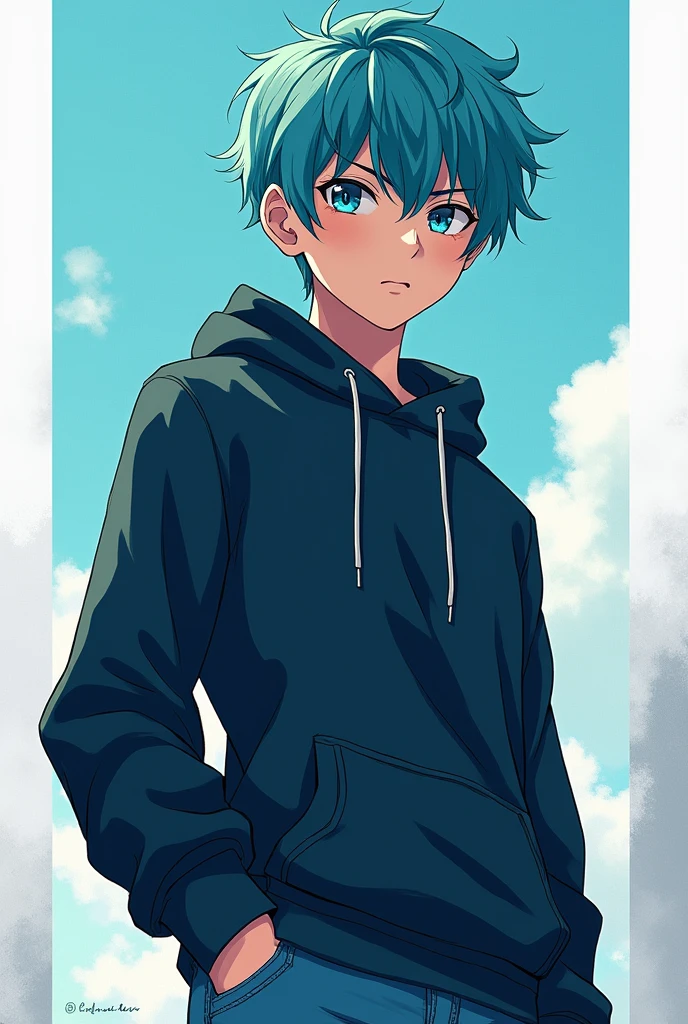 A anime boy with ocean clour hair,grey eyes and is tall, wearing blue jeans and a midbighthoodie