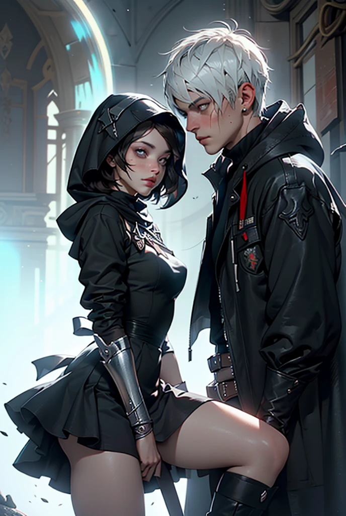 (((masterpiece, of the highest quality, super detailed))), (a witch belonging to an occult order of knights), (a knight crossed with a witch), Victorian era inspired, ((minimal but intricate beautiful armour)), Fluttering lace flared dress with frilly petticoats, ((nier automata meets bloodbourne)), ((((wielding a sword with a digital glitch-like effect to the blade as though it is rapidly flickering in and out of reality, with a very slight warping effect around it similar to gravitational lensing)))), ((((Highly detailed face))),  (big forhead:1.2), ((dark hair)), (((Very sharp focused eyes))), very long eyelashes, occult aesthetic, (red and white clothing detailed and intricate steampunk and detailed gothic), (with a hood), complex lace boots,