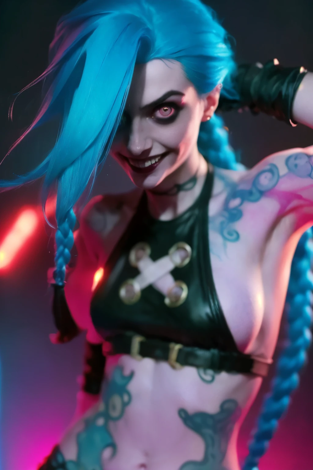 Hyper realistic super detailed Jinx cosplay ,((  girl, 15 yeVery detailed, (hyper realistic: 1.4), ((in dynamic fight pose)) , ((angry face)) , twin braids, long hair, blue hair, red eyes, (((blue tattoo on arm))) , ((skinny body)) , (((psycho face, creppy smiling) )), arcane style. ((Grunge Neon grafitti background, cinematic lighting)).