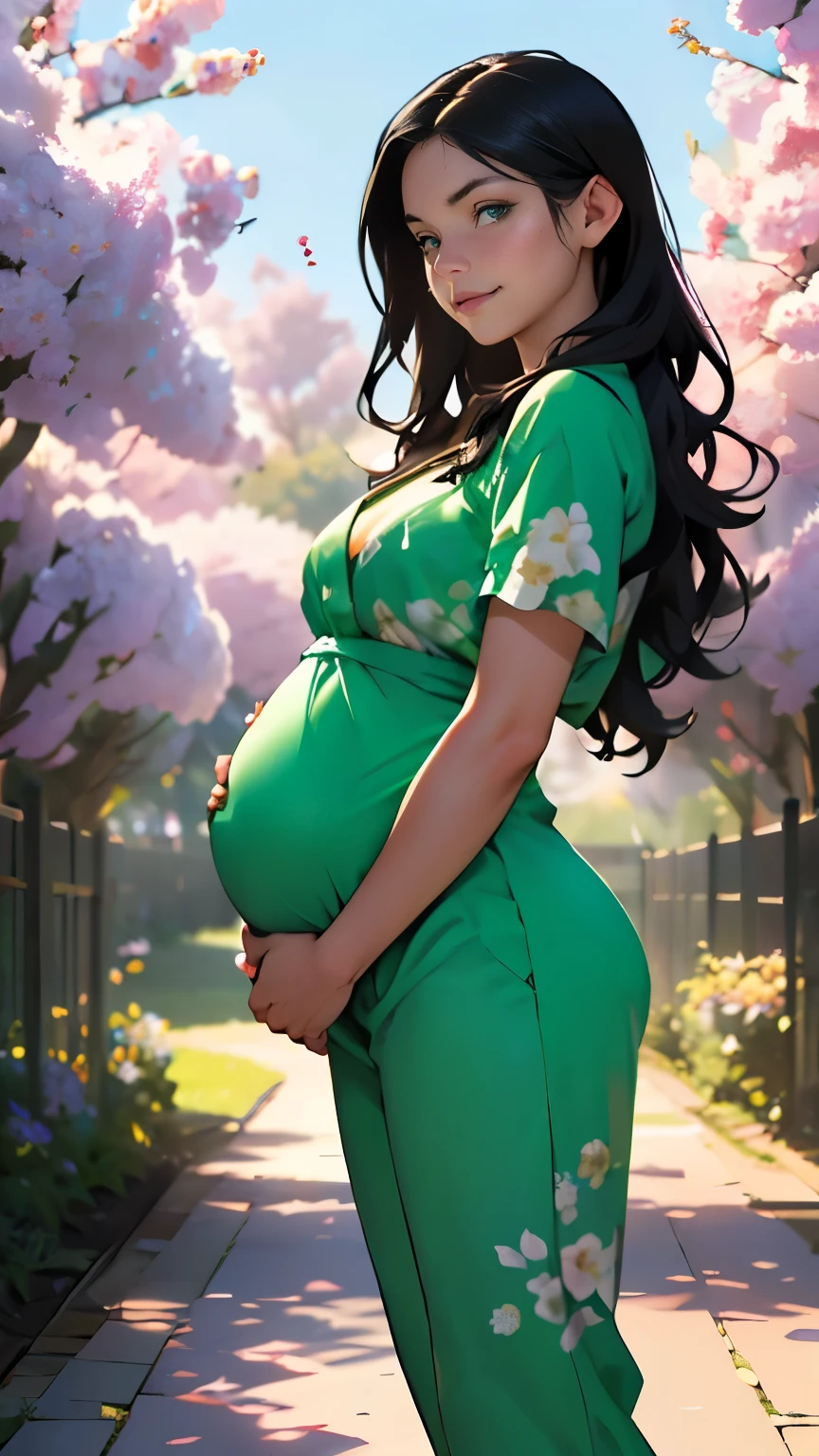 ((work of art, best qualityer, A high resolution, ultra detaild),(Beautiful and aesthetically pleasing:1.2), detailed eyes and face, all-body, 1womanl, grown-up, (long wavy black hair), ((greeneyes)), female body, Body cute, perfectbody, seducing smile, burning look, Maternity jumpsuit in soft colors with print, barefoot, A walk in the garden, flowers garden, natta, golden hour time, many colors, apple trees bloom, Lilacs are blooming, pregnany, small belly, big tits