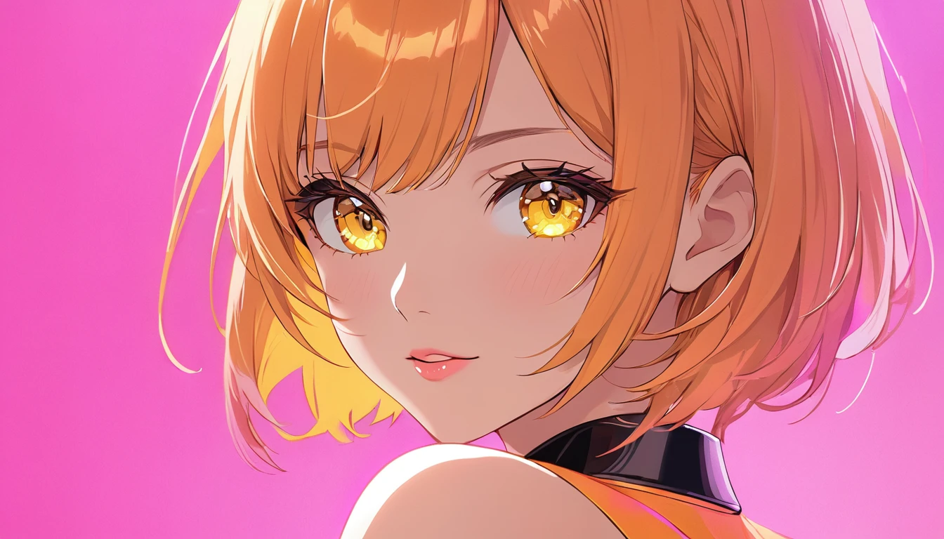 Beautiful adult woman、((Orange short hair))(Yellow Eyes)、(Cute honey in sexy pink outfit)、Face close-up、Neon Background、Beautiful woman looking back