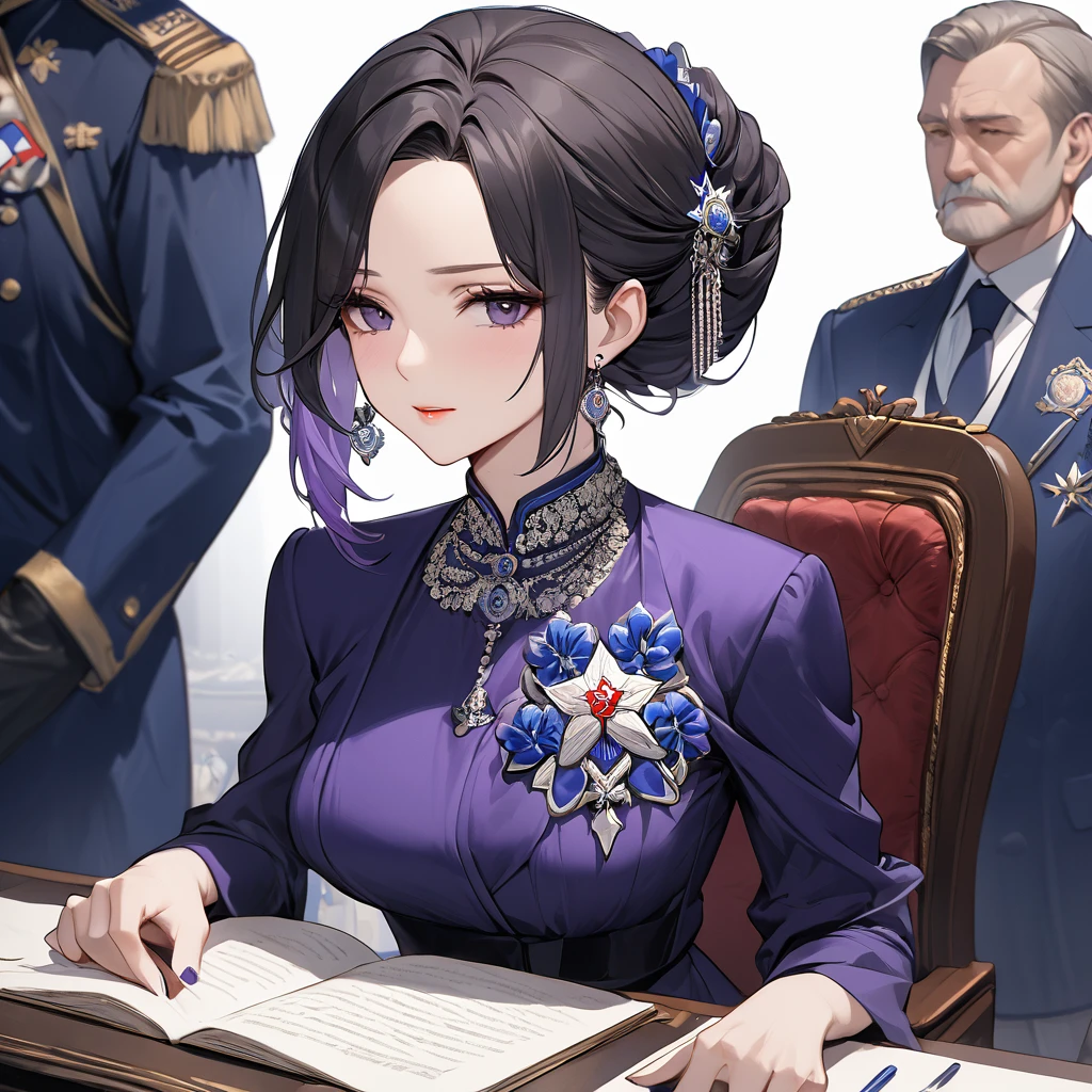 ((Highest quality)), ((masterpiece)), (detailed), (Perfect Face)、The woman is Shinobu Kocho, a Russian with black hair in a purple gradient bob style, tied up in a formal evening hairstyle.、The woman is a member of the United Russia party and is beautifully dressed in luxurious accessories.、She is a United Russia member who is dedicated to the cause of a great United Russia, and she deeply respects and worships the leader of the Great Russian Party, a United Russia supremacist.、The woman serves as a secretary to a high-ranking official of the Great United Russia, and is supported, supported and accompanied by him, working for the Great Russia.