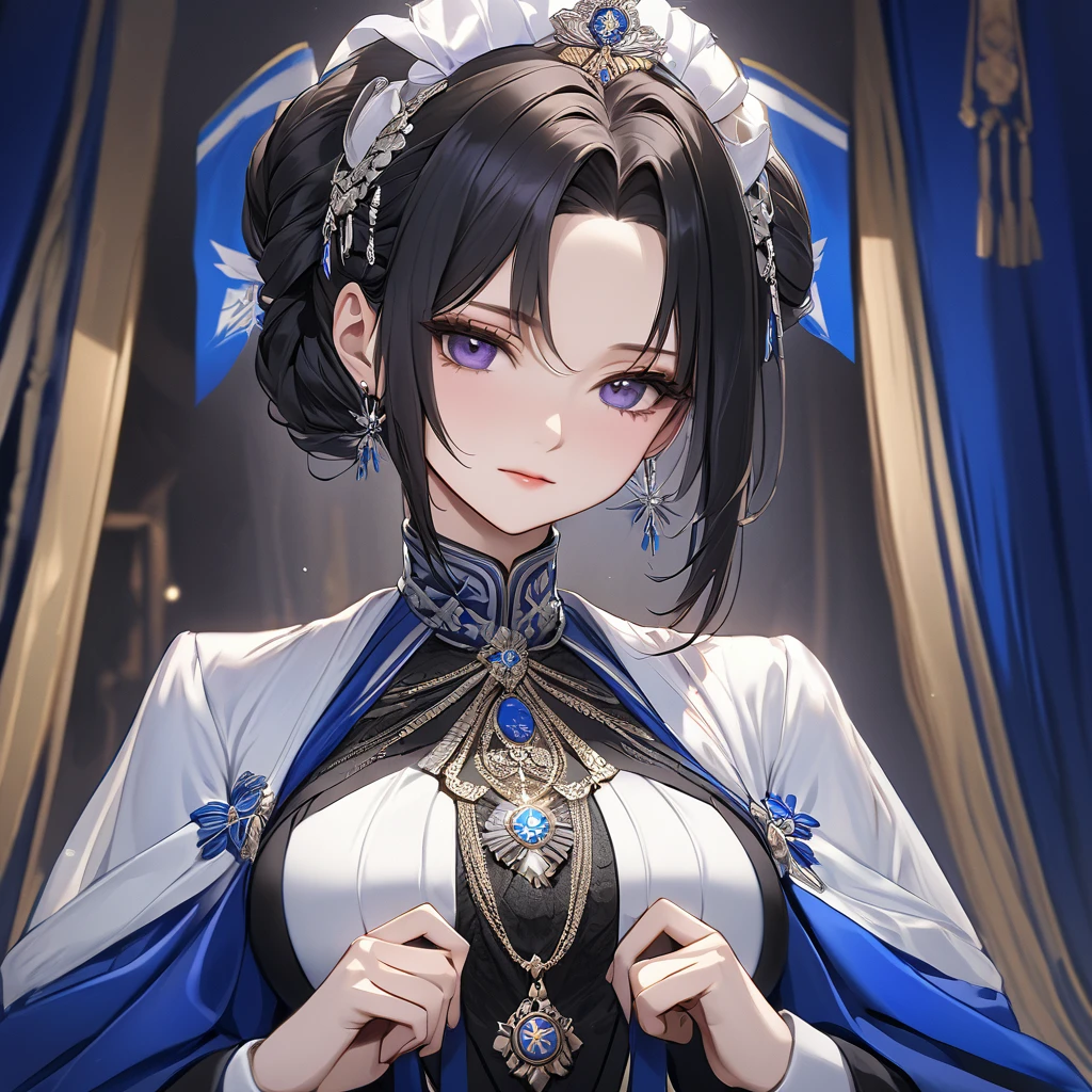 ((Highest quality)), ((masterpiece)), (detailed), （Perfect Face）、The woman is Shinobu Kocho, a Russian with black hair in a purple gradient bob style, tied up in a formal evening hairstyle.、The woman is a member of the United Russia party and is beautifully dressed in luxurious accessories.、She is a United Russia member who is dedicated to the cause of a great United Russia, and she deeply respects and worships the leader of the Great Russian Party, a United Russia supremacist.、The woman serves as a secretary to a high-ranking official of the Great United Russia, and is supported, supported and accompanied by him, working for the Great Russia.