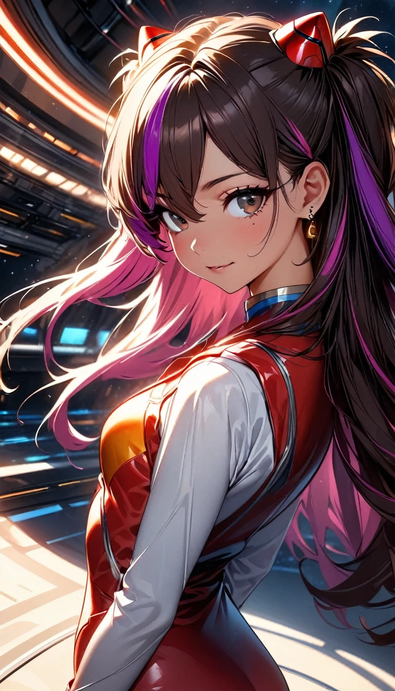 (highest quality:1.2, Very detailed, up to date, Vibrant, Ultra-high resolution, High Contrast, masterpiece:1.2, highest quality, Best aesthetics), Portraiture、girl、((25-years-old:1)), Soryu Asuka Langley, red costume, long sleeve, Beautiful fine details、Bright colors、Beautiful lip detail, long hair、black and purple ((streaked hair:1.6)), highlights hair: 1.5, brown eyes, gold earrings, ((slim body:1.6)), (small breast:0.5), (dark skin:0.5)), space base, (cowboy shot:1), looking viewer