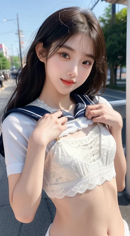 Tabletop,( Highest quality),(masterpiece) Realistic,real , Realistic, Very detailed, finely, High resolution, 8k wallpaper,,Anatomically correct body, One cute girl,(Korean Girl:1.4),(20-year-old:1.4), (Black Hair:1.3),(Straight long hair:1.4),(She is thin:1.3) ,(She is wearing a sailor uniform, a traditional Japanese school uniform.:1.4), Sharp focus, Perfect dynamic composition, finelyて美しい目,Slim body,(Small breasts:1.4)(Small breasts:1.4),(Small breasts:1.4),(Small breasts:1.4), Thin Hair, Detailed and Realistic skin texture, smile, Cute Face, Standing pose、(whole body:1.4) (Lifting the sailor suit to show off a small white lace bra:1.5)))、((She is showing her white lace bra))