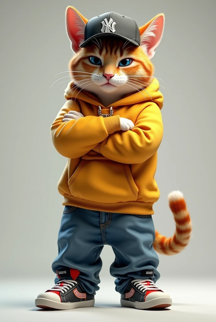 A cat dressed like human in hip hop style standing like human saying you are grounded