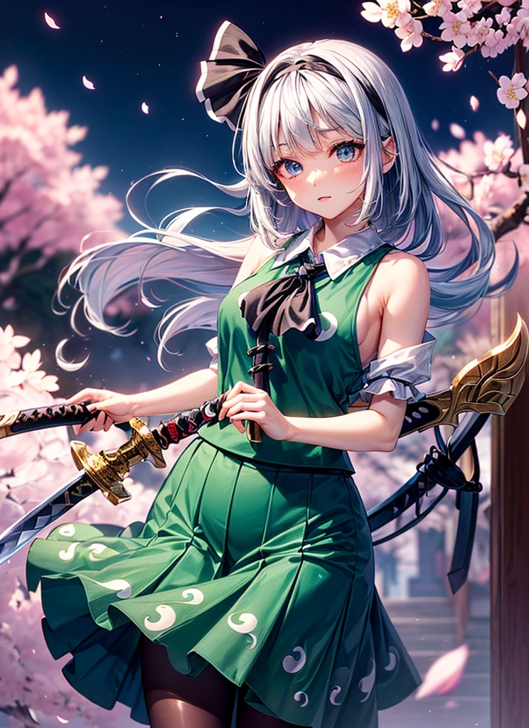 (((masterpiece))),(((Highest quality))),((Very detailed)),(shape),(Dynamic Angle), ((Touhou Project)),(A slim body),((Disheveled Hair)), (((Voluptuous Body))),(((The skirt is flipped up, revealing the genitals))), ((Girl wearing black tights)), (((Detailed anima face))),((Beautifully detailed body)),((side、Shoulders are exposed)),(((Mysterious and sparkling blue eyes)))Gray Hair, ((Colorful Hair)),((Striped and long hair)), Beautiful attention to detail,(Gradient color eyes),(((Delicate eyes))), (((background))),(((High saturation))),(((Konpaku Youmu))),(((Standing in front of the cherry blossoms in the night view))),,((Holding a shining sword))