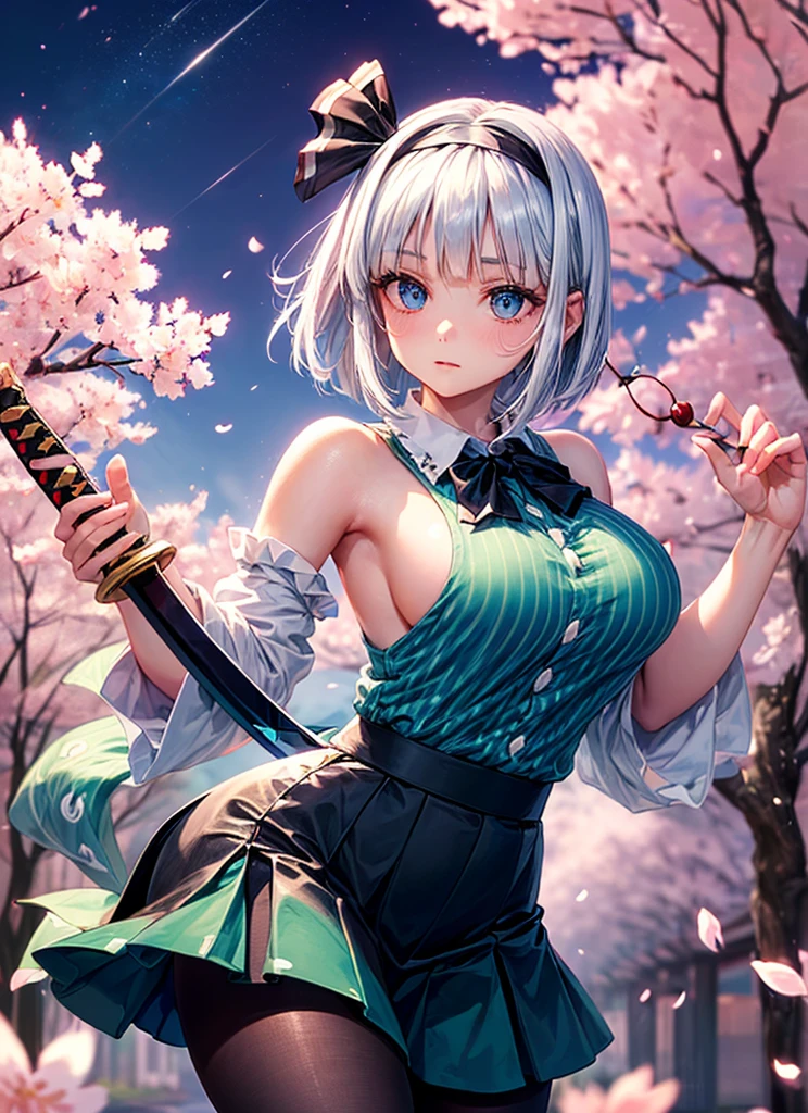 (((masterpiece))),(((Highest quality))),((Very detailed)),(shape),(Dynamic Angle), ((Touhou Project)),(A slim body),((Disheveled Hair)), (((Voluptuous Body))),(((The skirt is flipped up, revealing the genitals))), ((Girl wearing black tights)), (((Detailed anima face))),((Beautifully detailed body)),((side、Shoulders are exposed)),(((Mysterious and sparkling blue eyes)))Gray Hair, ((Colorful Hair)),((Striped and long hair)), Beautiful attention to detail,(Gradient color eyes),(((Delicate eyes))), (((background))),(((High saturation))),(((Konpaku Youmu))),(((Standing in front of the cherry blossoms in the night view))),,((Holding a shining sword))