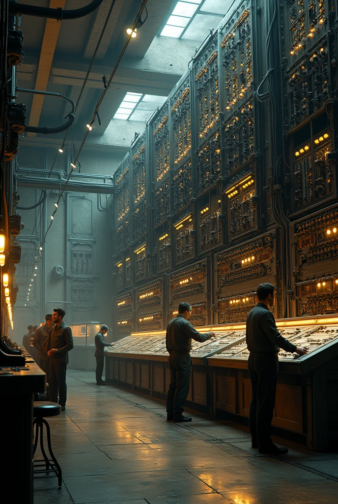 ENIAC (1945): Illustrate a massive electronic computer with rows of vacuum tubes and a team of engineers programming it, all in a military lab setting with cables running across the floor.