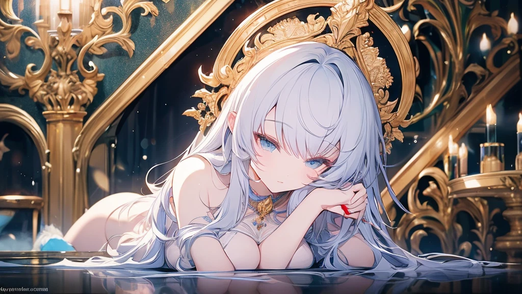 High resolution RAW color art, animation,Sculpture, Silver Marble Skin, (((Highly detailed elegant))), Magical atmosphere, Detailed skin, texture,(Exquisitely crafted, The finer details, Ultra-detailed art), Depth of written boundary, Bokeh, Silky to the touch, Hyper Detail, Beautiful Eyes, Elegant face, Bodyline, Lying in bed, Upper Body, Pastel Purple, Stomach, Saggy breasts