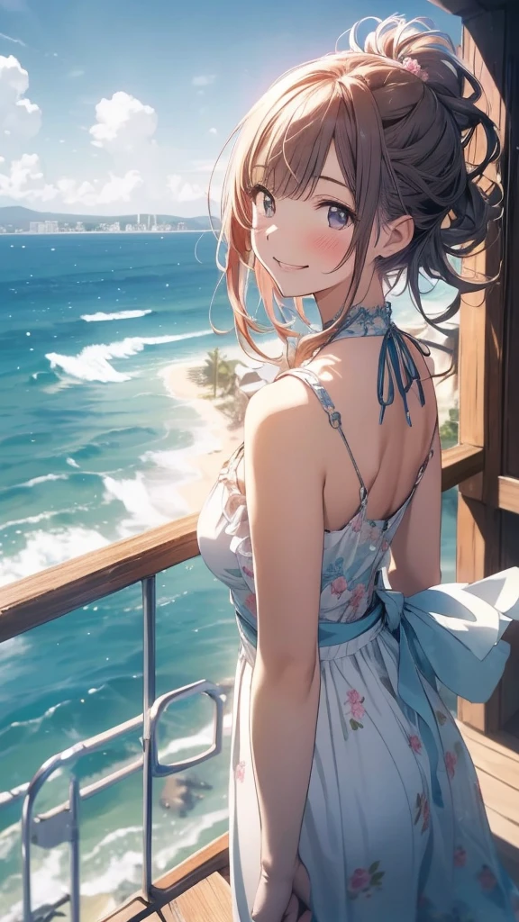 (Highest quality, High resolution, masterpiece, 8k, Very detailed:1.2), Movie angle, Shine, Shine肌, Backlight, Particles of light,
Outdoor, Day, まだらのDay差し, Ocean, Beach, Skyline, blue sky, Beautiful Clouds, gradient sky, Contrail,
1 girl, alone, Cowboy Shot, smile, blush, From below, Floating Hair, Wind, petal