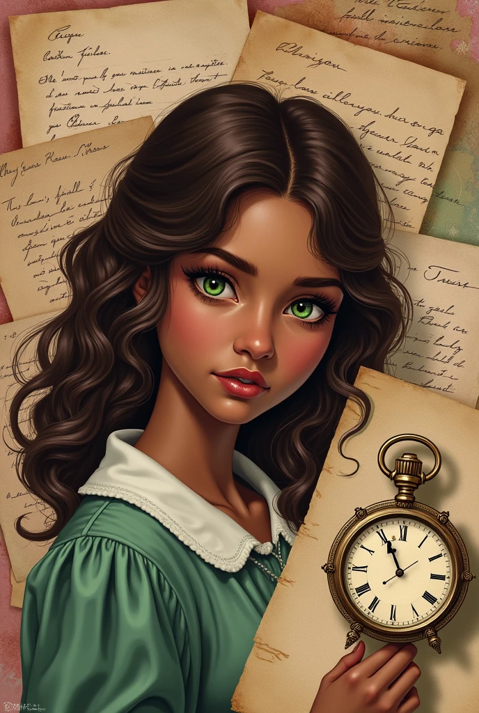 A book cover that has pink and a girl with brown curly hair, dark skin and green eyes. Have old letters in the background and a timepiece