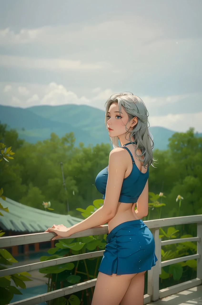 1 female，25 years old，Slim，Very large ，Big breasts and thin waist，Long legs， 1 female，25 years old，MILF，Big breasts and thin waist，Slim，Large chest ，exposure， solo，（background：bamboo forest，lotus，lotus，Lotus Pool） She has short silver-white hair，Stand up，Soaked，From the front， Straight Hair， partly cloudy，（（（masterpiece），（Very detailed CG unified 8K wallpaper），Best quality，Movie Lighting，Detailed background，Beautiful and delicate eyes，Smart pupils，black eyes，（Very delicate and beautiful），（Beautiful and detailed description of the eyes），Ultra Detailed，masterpiece，）），Facing the camera，high resolution，Ultra Detailed），Exposing breasts，Exposed genitals， Convex，Legs open，convex sexy，camel toe，flushed face front，High School Students（Wear：mini, deep neck , v-shaped croptop, Cleavage, Bare breast, Short skirt, Cracked skirt 