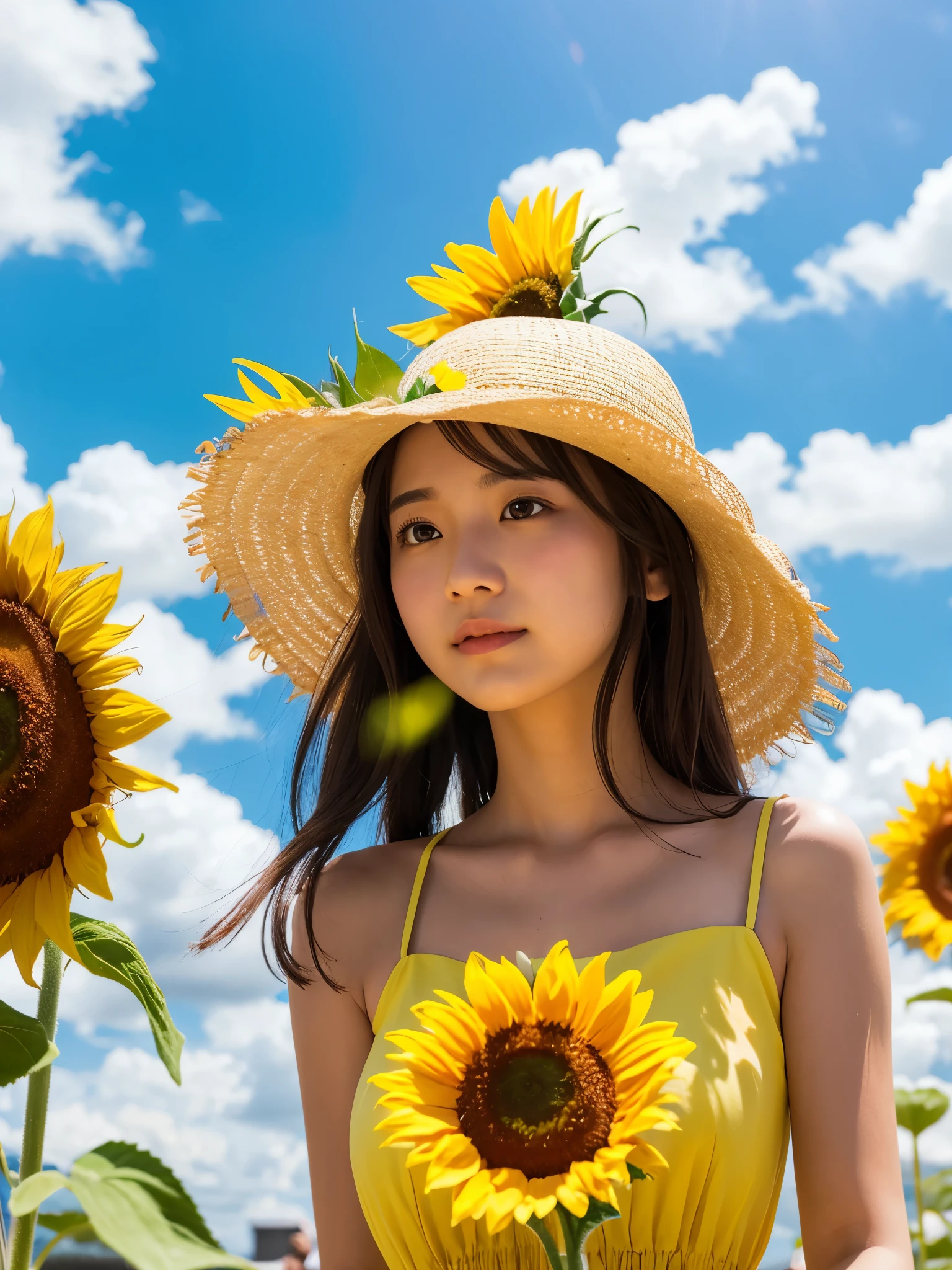sunflower　sunflower畑　White dress　Straw hat　youth　summer　Emotional　blue sky