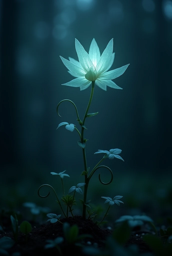a delicate plant with bioluminescent leaves that glow softly in the dark