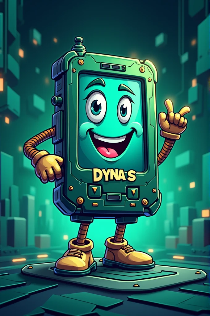I would like a mascot for a company that respects cell phones and sells similar items such as chargers, speakers, headphones, called Diagnostics and Solutions, and its logo is made up of a dyna S in green and blue that is eye-catching and original.