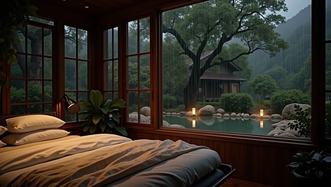 bed located in the bedroom next to the window, photorealistic painting, inspired by Gregory Crewdson, at night during the rain, Japanese onsen, peaceful wooden house, high quality stock image